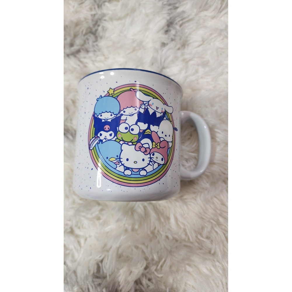 Sanrio Hello Kitty and Friends Rainbow Ceramic Coffee Mug White Blue Speckled